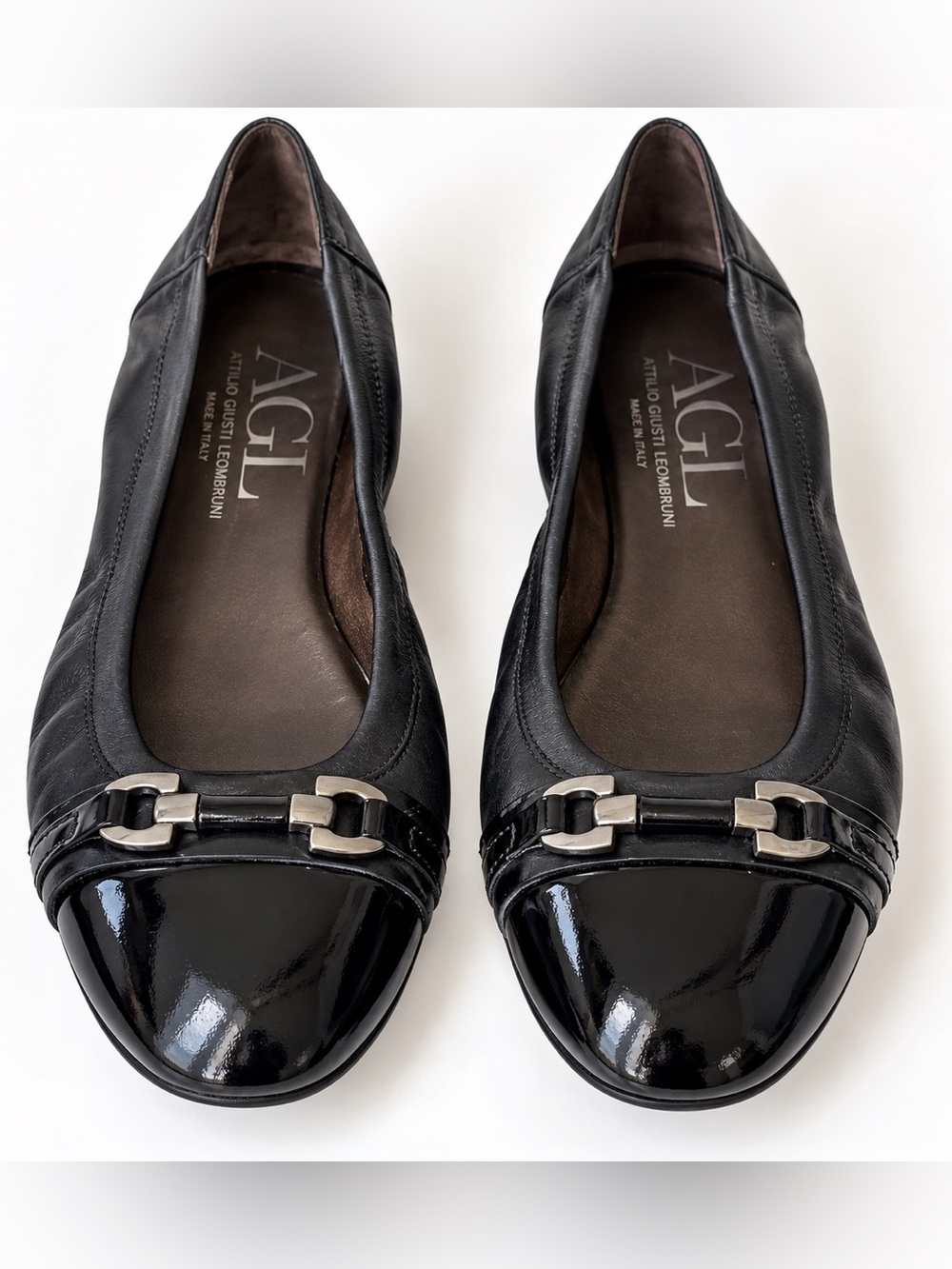 AGL Black Ballet Flats Patent Cap Toe Black Leather Pewter Buckle Women Sz 41/10